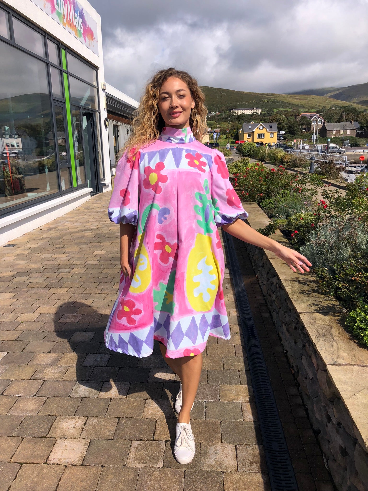 handpainted cotton dress Hand Painted Cotton Midi Dress in Mustard